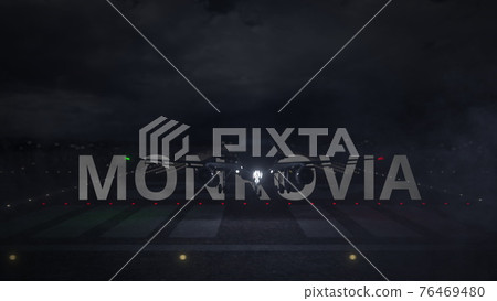 MONROVIA city name and airplane taking off from the airport at night. 3d rendering 76469480