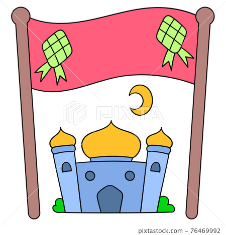 Eid al Fitr holiday banner for mosques where Muslims worship. doodle icon drawing 76469992