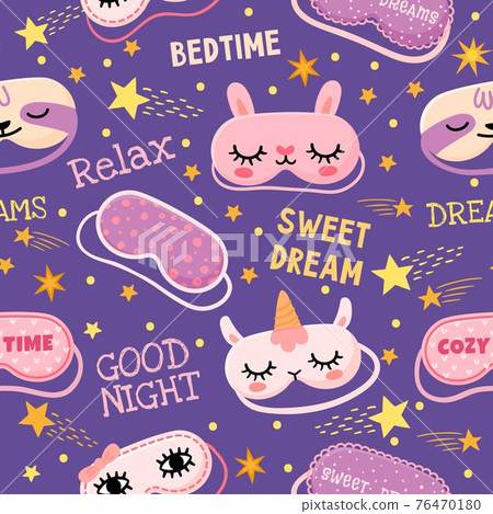 Dream mask seamless pattern. Cute pajama print with masks with girl eyes, unicorn, bunny, stars and sweet dreams quotes. Cozy vector design Dream mask seamless pattern. Cute pajama print with masks with girl eyes, unicorn, bunny, stars and sweet dreams quotes. Cozy vector design 76470180