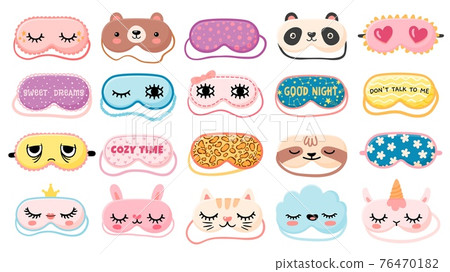 Masks for dreaming. Night mask with cute girl eyes, sleep quotes, panda, bear and cat faces. Cartoon animal mask for pajama print vector set Masks for dreaming. Night mask with cute girl eyes, sleep quotes, panda, bear and cat faces. Cartoon animal mask for pajama print vector set 76470182