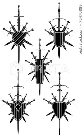 Set of simple black images of five crossed swords with medieval two-handed sword covered with shields. Set of simple black images of five crossed swords with medieval two-handed sword covered with shields. 76470889