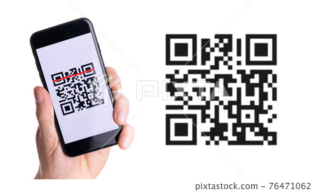 Qr code payment. Hand holding digital mobile smart phone with qr code scanner on smartphone screen for payment pay, scan barcode technology. Online shopping, cashless society technology concept. Qr code payment. Hand holding digital mobile smart phone with qr code scanner on smartphone screen for payment pay, scan barcode technology. Online shopping, cashless society technology concept. 76471062