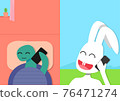 Rabbit talk with Tortoise by smart phone, vector 76471274