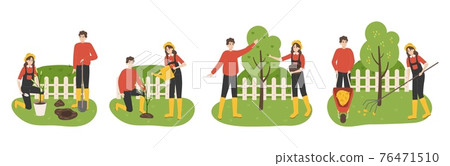 Planting tree. Family working in garden. Couple digging soil and watering seedlings in spring. Agricultural workers harvesting and collecting fallen leaves in autumn. Vector gardening 76471510