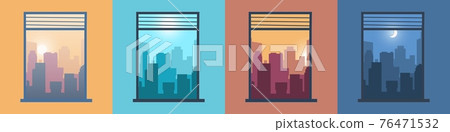 Landscape in window. City view from home. Morning or evening cityscapes set. Scenery at different day times. Silhouettes of buildings illuminated by sun and moon. Vector downtown panorama Landscape in window. City view from home. Morning or evening cityscapes set. Scenery at different day times. Silhouettes of buildings illuminated by sun and moon. Vector downtown panorama 76471532
