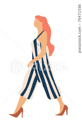 Woman walking. Cartoon young female character in striped jumpsuit and high-heeled shoes. Redhead girl going to work alone. Casual summer clothes, modern outfit. Vector illustration Woman walking. Cartoon young female character in striped jumpsuit and high-heeled shoes. Redhead girl going to work alone. Casual summer clothes, modern outfit. Vector illustration 76471586