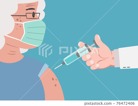 Doctor holding syringe making covid 19 vaccination injection dose in shoulder of senior female patient 76472406