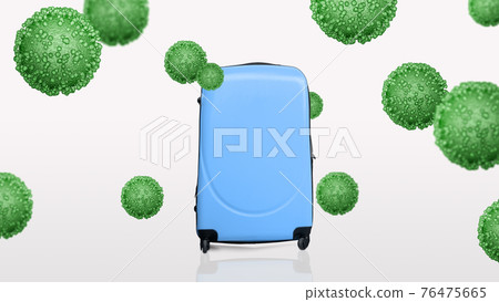 Blue suitcase among green coronavirus germs, white background 76475665