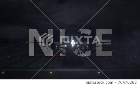 Commercial plane taking off from the airport runway and NICE text, 3d rendering 76476268