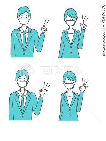 Men and women in suits wearing masks pointing their fingers and signing OK Men and women in suits wearing masks pointing their fingers and signing OK 76476376