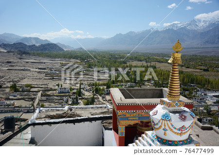 Landscape from Diskit Monastery also known as Deskit Gompa or Diskit Gompa is the oldest and largest Buddhist monastery, Nubra valley, Jammu and Kashmir, India 76477499