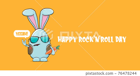World rock n roll day horizontal banner with funny cartoon rock star rabbit character isolated on orange background. Rock n roll poster 76478244