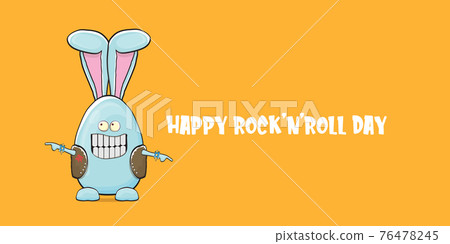 World rock n roll day horizontal banner with funny cartoon rock star rabbit character isolated on orange background. Rock n roll poster 76478245