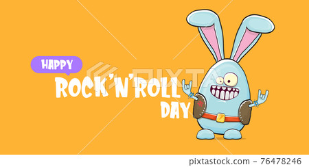 World rock n roll day horizontal banner with funny cartoon rock star rabbit character isolated on orange background. Rock n roll poster 76478246