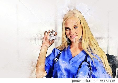 Happiness young doctor woman at hospital on watercolor illustration painting. 76478346