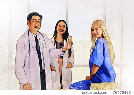 Abstract teamwork doctor in hospital on watercolor illustration painting background. 76478428