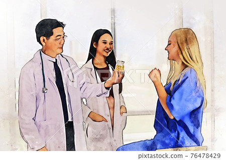 Abstract teamwork doctor in hospital on watercolor illustration painting background. 76478429