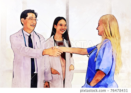 Abstract teamwork doctor in hospital on watercolor illustration painting background. 76478431