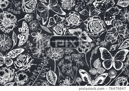 Floral design with chalk shepherd s purse, heather, iris japonica, sakura, gypsophila, chamomile 76479847