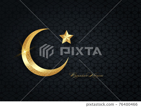Ramadan Kareem 2021 vector greeting card. Gold half moon on black background. Golden holiday poster with text, islamic symbol. Concept Muslim religion banner, flyer, party invitation, sale shop 76480466