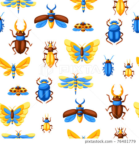 Seamless pattern with insects. Stylized butterflies, beetles and dragonflies. Seamless pattern with insects. Stylized butterflies, beetles and dragonflies. 76481779