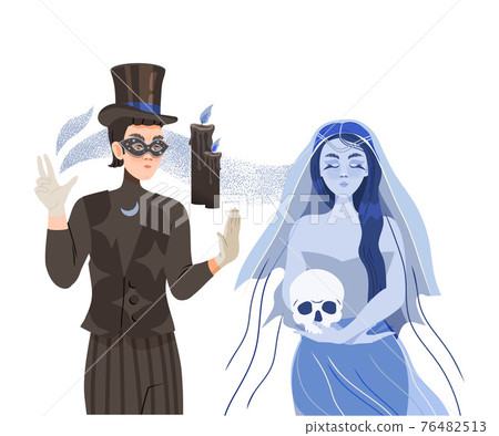 Man Psychic and Stage Magician Performing Trick and Occult Ritual Summoning Spirit Vector Illustration 76482513
