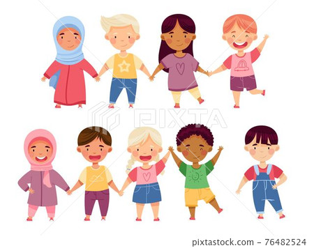 Multiethnic Children Holding Hands and Smiling... - Stock Illustration ...