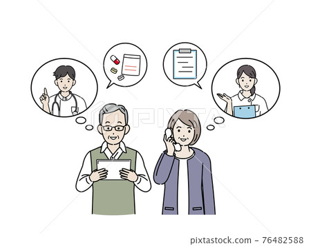 在線看病醫生、老年夫婦、老人電話預約、插圖素材 76482588