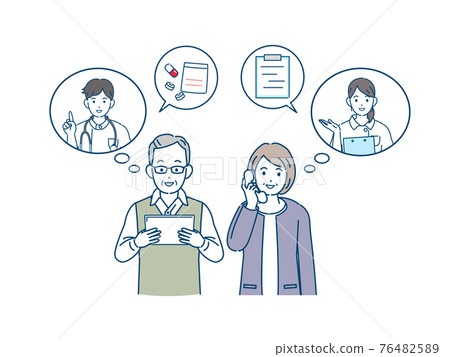 Online medical treatment doctor, elderly couple, senior telephone reservation, illustration material 76482589