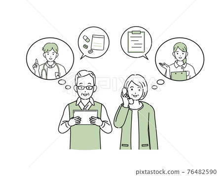 在線看病醫生、老年夫婦、老人電話預約、插圖素材 76482590