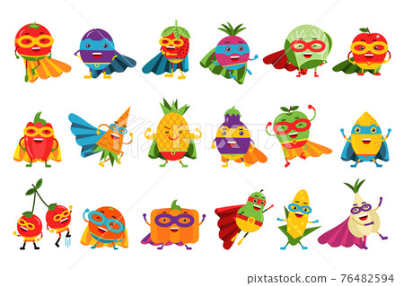 Funny Fruits and Vegetables Wearing Superhero Cloak Vector Illustration Set 76482594