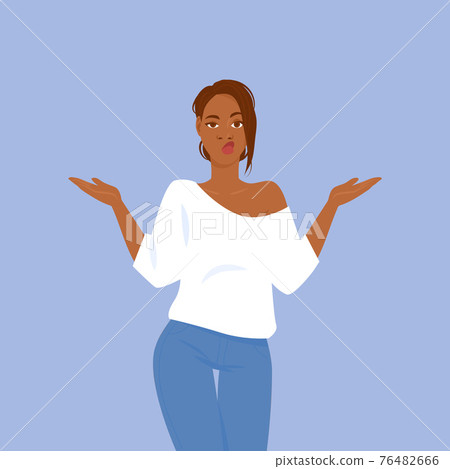 Confused black girl in casual dress Confused black girl in casual dress 76482666