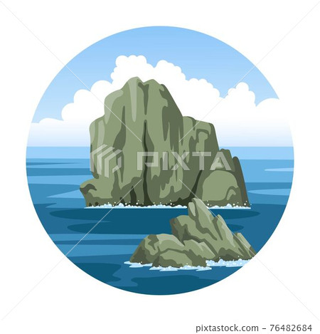 Round seascape with rocky cliffs. Simple hand-drawn vector illustration. Round seascape with rocky cliffs. Simple hand-drawn vector illustration. 76482684