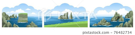 Collection of seascapes with rocks, cliffs, stones, coastlines, coasts, mountains and blue sky with fluffy clouds. Collection of seascapes with rocks, cliffs, stones, coastlines, coasts, mountains and blue sky with fluffy clouds. 76482734