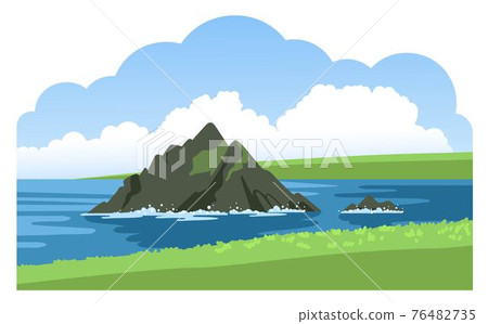 Green coastline with the rock on the horizon. Seascape panoramic view. Ocean landscape with big cloud. Green coastline with the rock on the horizon. Seascape panoramic view. Ocean landscape with big cloud. 76482735