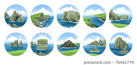 Big collection of simple hand-drawn vector illustrations with sea and rocks, cliffs, stones, coasts, sea capes. Ocean and sea nature landscape with fluffy clouds. Big collection of simple hand-drawn vector illustrations with sea and rocks, cliffs, stones, coasts, sea capes. Ocean and sea nature landscape with fluffy clouds. 76482779
