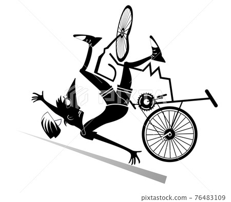 Cyclist falling down from the bicycle isolated illustration. Cyclist falling down from the broken bicycle black on white illustration Cyclist falling down from the bicycle isolated illustration. Cyclist falling down from the broken bicycle black on white illustration 76483109