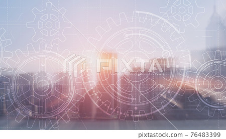 Gears on modern architecture background. Business processes concept Gears on modern architecture background. Business processes concept 76483399