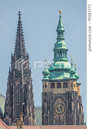 Towers of Magnificent Saint Vitus Cathedral in Prague, Czech Republic, summer Towers of Magnificent Saint Vitus Cathedral in Prague, Czech Republic, summer 76483771