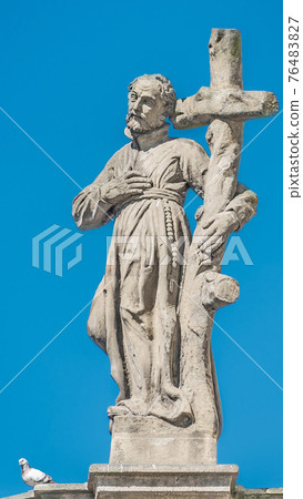 Decorative facade sculptures at Jesuit church of St. Ignatius of Loyola at Charles Square in Prague, Czech Republic Decorative facade sculptures at Jesuit church of St. Ignatius of Loyola at Charles Square in Prague, Czech Republic 76483827