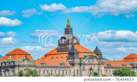 View of State Government Office in Dresden downtown across the river Elbe, Dresden, Germany, summer, blue sky 76484653