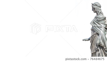 Old metal statue of a sensual woman as a prayer with holding hand and covered with spider net in downtown of Dresden in white background with copy space, Germany, details, closeup. 76484675
