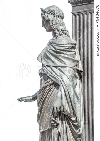 Old metal statue of a sensual woman as a prayer with holding hand and covered with spider net in downtown of Dresden in white background with copy space, Germany, details, closeup. Old metal statue of a sensual woman as a prayer with holding hand and covered with spider net in downtown of Dresden in white background with copy space, Germany, details, closeup. 76484678