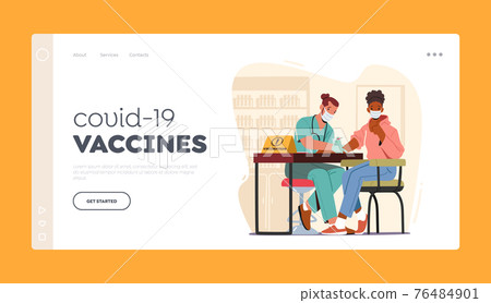 Covid-19 Vaccines and Vaccination Landing Page Template. Doctor Character Injecting Coronavirus Remedy to Patient Arm 76484901