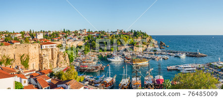 Panoramic view of old harbor and downtown called Marina in Antalya, Turkey, summer 76485009