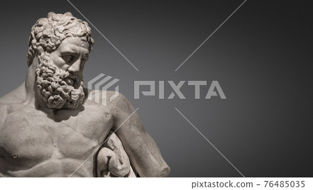 Banner with statue of powerful and handsome bearded Hercules at smooth gradient grey background and paste space, closeup, details Banner with statue of powerful and handsome bearded Hercules at smooth gradient grey background and paste space, closeup, details 76485035