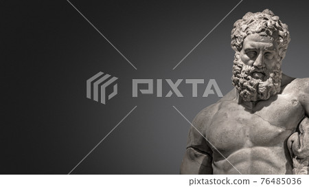 Banner with statue of powerful and handsome bearded Hercules at smooth gradient grey background and paste space, closeup, details 76485036