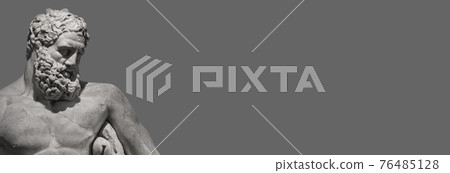 Banner with an ancient Greek statue of powerful Hercules, or Heracles, closeup, isolated at grey solid background with copy space. Concept fitness, health and sport. Banner with an ancient Greek statue of powerful Hercules, or Heracles, closeup, isolated at grey solid background with copy space. Concept fitness, health and sport. 76485128