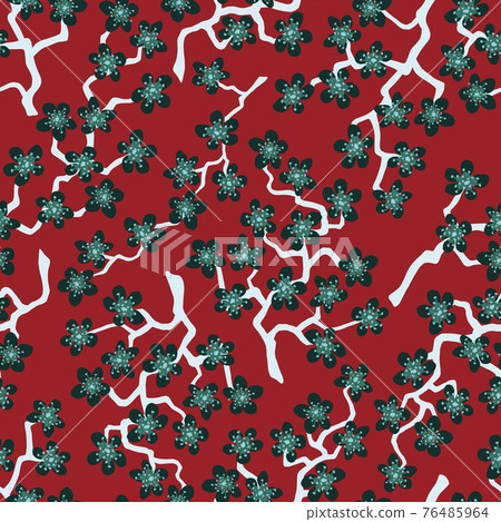 Seamless pattern with blossoming Japanese cherry sakura branches.Gray flowers on red background Seamless pattern with blossoming Japanese cherry sakura branches.Gray flowers on red background 76485964