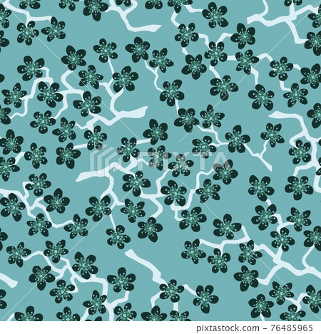 Seamless pattern with blossoming Japanese cherry sakura branches.Gray flowers on azure background 76485965